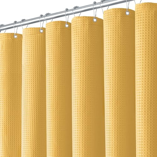 BTTN Rideau de douche gaufré 180 x 180 cm imperméable doré/jaune doré | 12 crochets en plastique, dos laminé, imperméable, structure gaufrée, anti-moisissure, ourlet lesté, tissu textile lavable