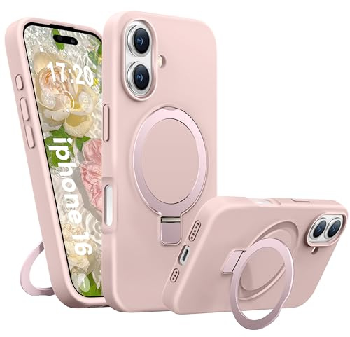 BENTIACC Liquid Silicone Magnetic Case for iPhone 16, Pink | Military Grade Shockproof Protection, Anti-Scratch Microfiber Lining Phone Case with Ring Stand, Hands-free for Video Work