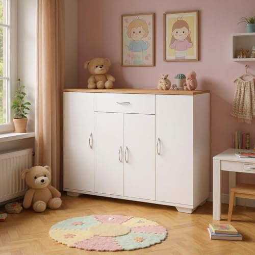 HOMYLIN Kinderkleiderschrank mit Eichenholzplatte, 1 Schublade und doppellagigen Fächern, MDF-Leinenstruktur mit verstellbaren Regalen, Weiß