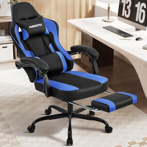 Hellove Sedia da Gaming Ergonomica con Poggiapiedi, Supporto Lombare, Braccioli Regolabili, Reclinabile 90-135°, Portata 135Kg, Sedia Gamer Ufficio in Pelle PU Nero e Blu