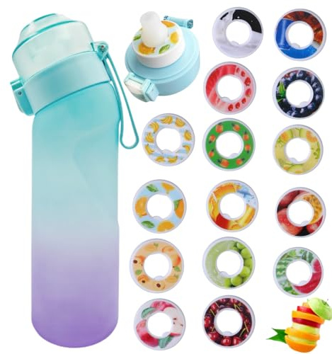 Sports Air scent Water Bottle Set 22oz Fruit Fiesta | Sugar free flavor pods & Sports Water bottles with straw | BPA Free 0% Calories,For school, gym (Gradient Blue+ 12 pods Flavor)