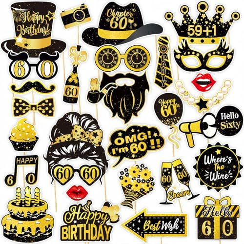 Photo Booth Compleanno 60 anni | 30 Pezzi Foto Props per Feste e Compleanni con Nero Oro,Gadget 60 anni Ragazza Ragazzo per Invitati (60th)