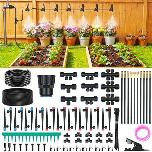 100FT Drip Irrigation Kit, Automatic Garden Watering System with Quick Connect PE Tubing, 2026 New Upgraded Water-Saving Design, 3 Adjustable Nozzles for Yard, Greenhouse, Lawn & Raised Bed Plants