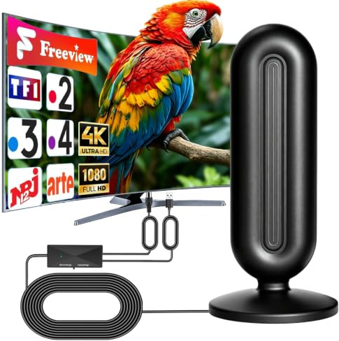 Antenne Interieur TNT Puissante avec Amplificateur et Base Magnétique | Réception omnidirectionnelle 360°, Accède aux chaînes TV gratuites,Livré avec câble coaxial de 5 mètres,Facile à Installation