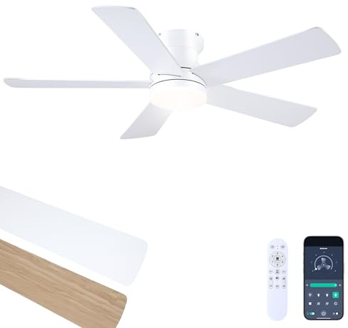 Ayaoty 48 Inch Ceiling Fan with Light Flush Mount, Low Profile White Light with Remote/App, 5 Reversible Double Sided Blades, Modern Fan Light