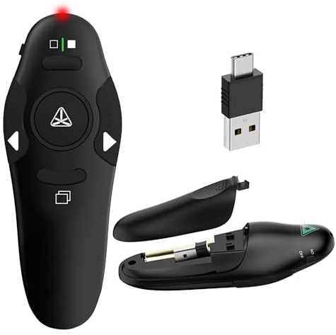 Wireless USB-A & USB-C 2.4 GHz Presenter Remote Clicker for PowerPoint & Slides Plug And Play – Presentation Clicker with Red Laser Pointer, 300m Remote Range Wireless Presenter Clicker for Mac/PC