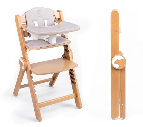 Kidnort Holzhochstuhl Drömmer Unique bis 75kg Mitwachsender Faltbarer Hochstuhl aus Buche für Kinder mit Sitzkissen 5 Punkt Gurt zusätzliche Ablage Schrittgurt 9 Höhenverstellungen Schutzbügel Natural