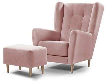 Traumnacht bequemer und moderner Ohrensessel Karl + Fusshocker, rose