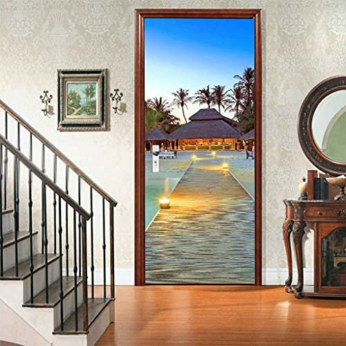 CBWRAW 3D Türaufkleber 77x200cm Ocean Beach House Landschaft Türfolie Poster Tapete Aufkleber Wasserdichte Abnehmbare Selbstklebend Vinyl Fototapete Für Innentür Wohnzimmer Kind Schlafzimmer Badezimme