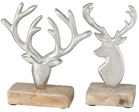 BOLTZE 2X Skulptur Lawando Hirsch Holzbase Aluminium Höhe 17 cm Silber