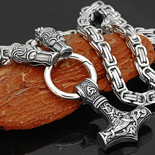 Men Thor's Hammer Viking Necklace, Silver Stainless Steel Nordic Mythology Mjolnir Amulet Pendant Jewelry, Multiple Style Animal Head Square King Chain,Celtic Dragon,70 cm