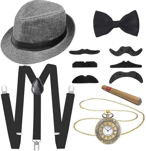 Meiruier 20er Jahre Kostüm Herren Accessoires, Mafia Kostüm Herren,Halloween Kostüm Party Herren mit Gangster Panamahut Taschenuhr Hosenträger Fliege Bärte Brille Karneval (Black)