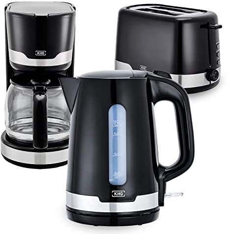 KHG Frühstücksset Wasserkocher Toaster Kaffeemaschine 3-teilig | 2.200-850 - & 1.000 Watt | Küchenset mit Kapazität 1,7 Liter Kochwasser, 2 Scheiben Toast & für 12 Tassen Kaffee – SCHWARZ