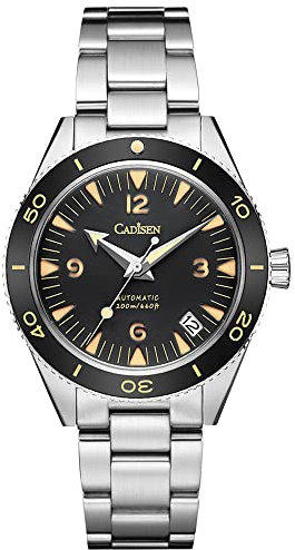 CADISEN Mechanische Herrenuhr, Taucheruhr, Vintage, luxuriös, Saphir, deutsches Herren-Automatik-Edelstahlband, 100 m wasserdicht, mechanische Uhr, Stahl schwarz, Taucheruhr, mechanisch
