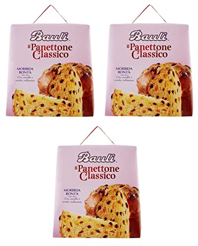 3x Bauli Il Panettone Classico Weihnachtskuchen Backprodukt mit Rosinen und Kandierten Früchten 700g