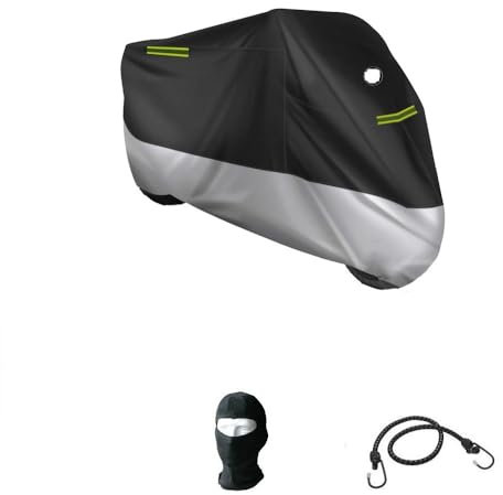 KOMPATIBEL MIT 1450 SOFTAIL Deuce FXSTD wasserdichte HAGELFLEECE-MOTORRADPLANE FÜR Motorrad-Roller-WINDSCHUTZSCHEIBE UND TOPCASE SCHWARZ MIT Fluo Streifen Abdeckung 296X105X127CM