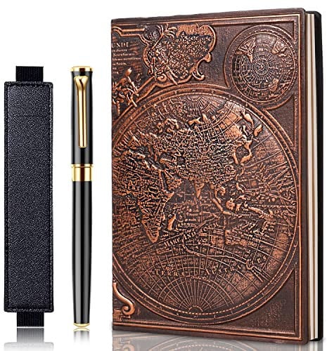FEIDIAO Reisetagebuch aus geprägtem Leder, Vintage-Karte, A5, Tagebuch, antikes Handarbeit, liniertes Hardcover, mit schwarzem Kugelschreiber und Stifthülle, Schreibgeschenk (rotes Kupfer)