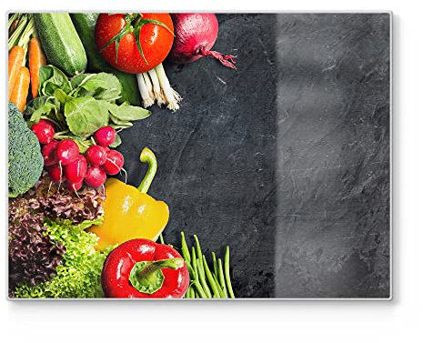 DEQORI Schneidebrett aus Glas | groß 40x30 cm | Motiv Schiefertafel mit Gemüse | Design Schneideplatte für Küche | Frühstücksbrett antibakteriell & rutschfest | Glasplatte & Servierplatte