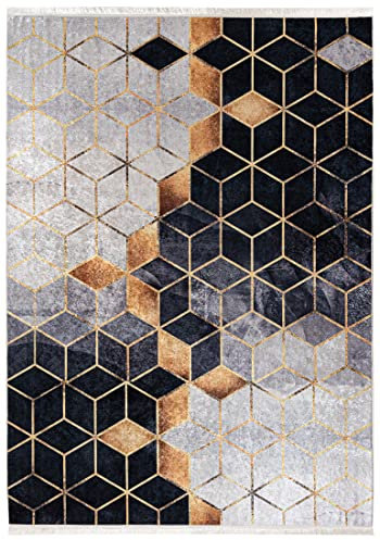Mazovia Modern Teppich - Kurzflor Waschbar - Weich Teppich für Wohnzimmer, Schlafzimmer, Esszimmer – Teppiche Marmor Geometrische Muster - Grau 120 x 170 cm