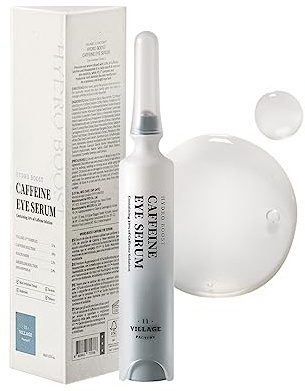 VILLAGE 11 FACTORY Koffein ögonserum Hydro Boost (10 ml) med 10% koffeinlösning, effekt med hexapeptid-8, niacinamid, elasticitetsbehandling, anti-rynkor och mörka ringar.