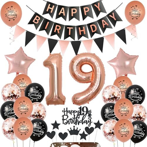 Palloncini decorazione 19 anni compleanno ragazza Nero Oro Rosa, palloncini 19 anni compleanno ragazza decorazione compleanno 19 anni ragazza decorazione torta 19 anni compleanno ragazza Oro Rosa