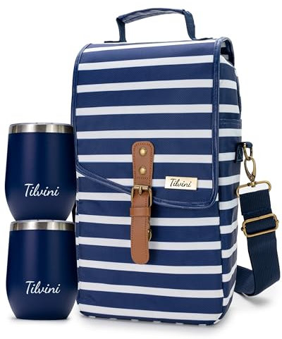 Tilvini Isolierte Weintasche mit 2 Weingläsern aus Edelstahl Weinkühltasche Einzigartige Geschenkidee für Frauen und Freunde 2 Flaschen Weinträger für Strand Reisen Damen Weingeschenke Weihnachten