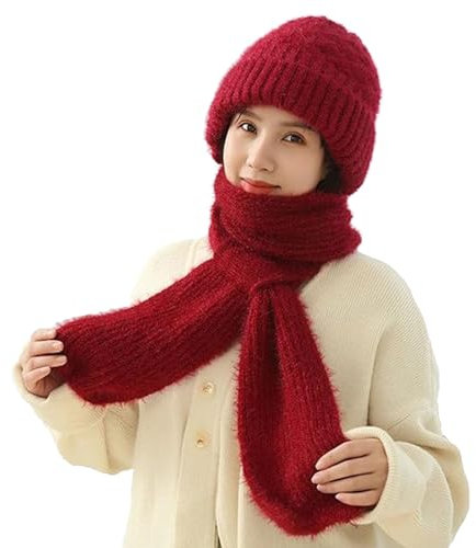 Integrierter Ohrenschutz Winddicht Cap Schal, 2 in 1 Warme Strickmütze Schal, Stricken Verdickung Mütze Wintermütze Schal, Rot, Einheitsgröße