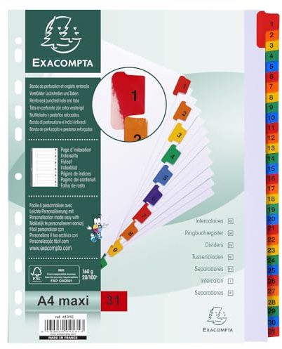 Exacompta - Réf. 4131E - Carton de 10 Intercalaires en carte blanche 160g/m2 FSC® avec 31 onglets imprimés numériques de 1 à 31 en couleur - Page d'indexation imprimable - Format à classer A4 maxi