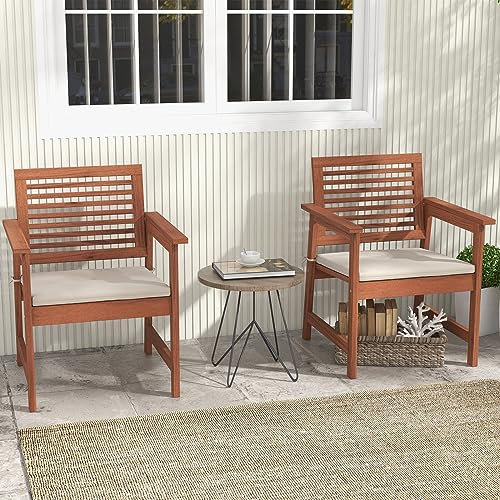GIANTEX 2er Set Gartenstuhl, Garten Essstuhl Massiv Hartholz, Gartensessel Stuhl mit Kissen & Lattenrost, Holzstuhl ergonomisch mit Rücken- & Armlehnen, Garten Loungestuhl outdoor bis 120 kg belastbar