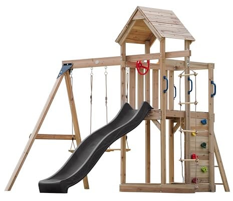 AXI Moos Spielturm aus Holz mit 2 Schaukeln & Strickleiter | XXL Spielhaus / Spielplatz für Kinder mit Kletterwand, Sandkasten & Rutsche , grau | Schaukelgerüst für den Garten..