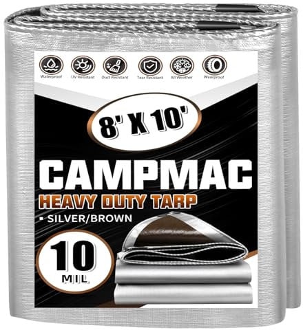 CAMPMAC Lona resistente de 8 x 10 pies, 10 mil, lona impermeable grande, alta durabilidad, resistente a los rayos UV, resistente al desgarro con ojales cada 20 pulgadas para exteriores (plata/marrón