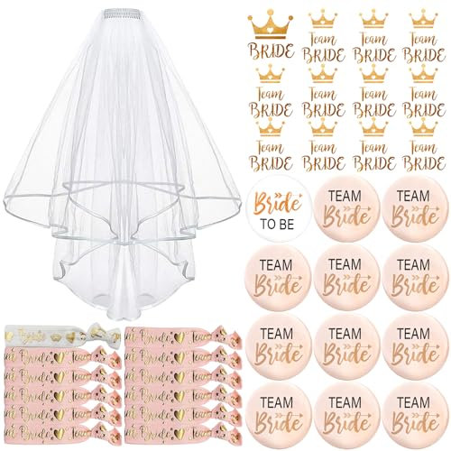 TZEKING 37 Stück JGA Braut Button Set,Team Bride JGA Buttons,12 Bride Buttons+12 Bride Tattoo Aufkleber+12 Bride Armband+1 Schleier,Jungesellinnenabschied Frau Accessoires,JGA Deko Accessoires