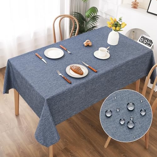 AooHome Tischdecke Abwaschbar, Blau Tischdecken 140x220cm Leinen-Optik Tischtuch aus Polyester Wasserabweisend mit Lotuseffekt, Dauerhaft Kratzfest für Wohnzimmer, Esszimmer, Balkon, Garten