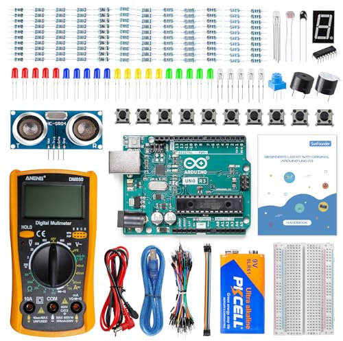 SunFounder Beginner's Lab Starter Kit with Original Arduino Uno REV3 Board Multimeter Basic to Advance 25 Projects HCSR-04 Sensor Button Temp LED Microcontroller Programming