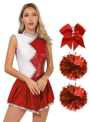TTAO Damen Cheer Leader Kostüm Set Mit Pom Tanzkostüm Set Cheerleading Uniform Halloween Tanzkleidungset Festlich Karneval Faschings Rot M