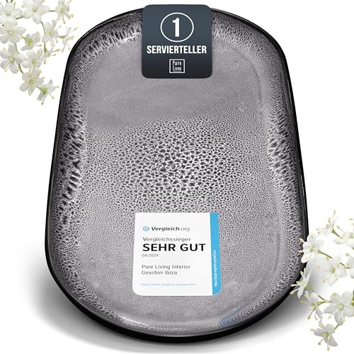 Steingut Servier Teller Groß Ibiza TESTSIEGER, Traumhafte Mediterrane Steingut Servierplatte, Serving Plate Oval, Servierteller Groß - Pure Living in Grau