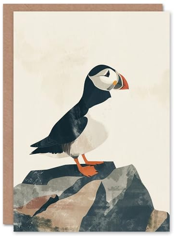 Artery8 Cute Puffin Bird on Rock Bright Graphic Design Blank For Him Or Her Art Birthday Card