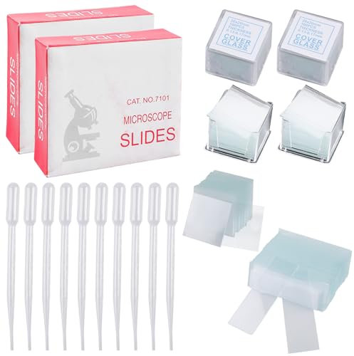 200 Stück 2.54x7.62cm Vorgereinigte Mikroskop Objektträger und 400 Stück 2x2cm Deckgläser mit 10 Stück 3ml Tropfer, Quadratische Mattiert Objektträger, Mikroskop Zubehör für Labor Biologie Studium
