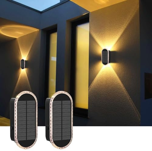 AGOTD Lampada da Parete Solare Regolabile, Up & Down Light LED, 3 Modalità, Impermeabile, 2 Pezzi, 15.8 x 7 x 4.5 cm, Bianco Caldo e Neutro, per Esterni, Giardino, Balcone, Recinzione