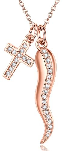 DAYLINLOVE Italienische Horn Halskette 925 Sterling Silber Rossvergoldet Cornicello Kreuz Anhänger Glücksschutz Amulett Schmuck Geschenk Für Frauen