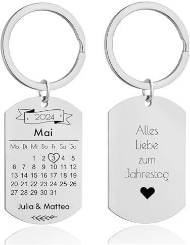 Lumari Gold Personalisierter Kalender Schlüsselanhänger mit Datum-Gravur – Silber Edelstahl, Wunschtext Rückseite – Besondere Erinnerung & Jahrestagsgeschenk