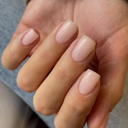KQueenest Nude Pink Press on Nails Short Square, Short False Nails Coffin, Glossy Solid Small Fake Nails Set, Perfectly Fit, Reusable Gel Stick on Nail for Women Daily Wear 24 Pcs