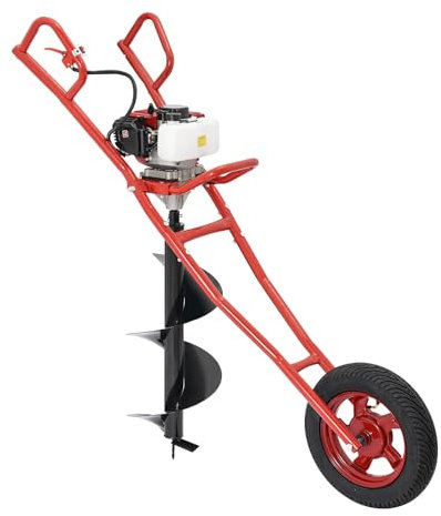 Akuoyiexemye 52CC 2-Takt Benzin Erdbohrer, Erdlochbohrer Pfahlbohrer mit Schubkarre+ 300mm Bohrer für Landwirtschaft Forstwirtschaft (Rot)