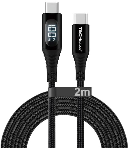TECHGEAR USB C to USB C Charger Cable 2M 100W 5A LED Display PD Fast Charging Type C Cable Compatible with MacBook Pro/Air, iPad Pro 2024/Air, iPhone 16 Pro Max Galaxy S25 S24 Pixel 9 8 PS5 Switch -2M
