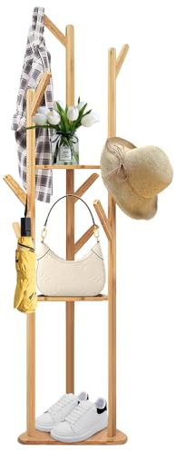 OHMG Porte manteau sur pied en bois,portant à vêtements,9 patères,vestiaire,meuble d'entrée pour vêtements,chapeaux,entrée,naturel,Valet de chambre