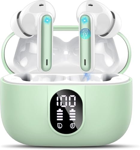 Csasan Wireless Earbuds, Bluetooth 5.3 Headphones In Ear with 4 ENC Noise Cancelling Mic, 2025 Mini Deep Bass Stereo Ear Buds, 40H Playtime Bluetooth Earphones, IP7 Waterproof Earbuds, Green