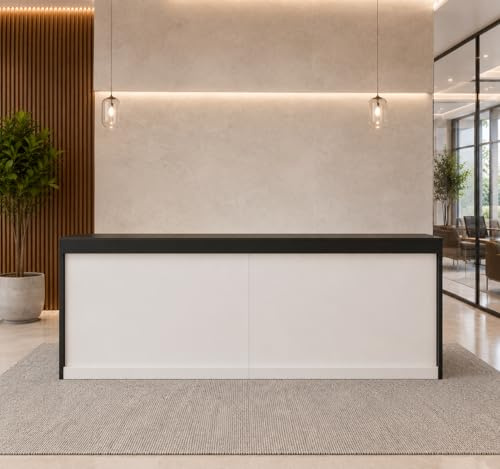 Laxodor 86.6/220CM Reception Desk with Lockable Drawers | Counter, Keyboard Tray, LED, Large Checkout Shop Counter for Beauty, Salon, Clinic, Boutique, Shop and Studio