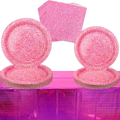 Fournitures de fête rose vif, comprend des assiettes, des pailles, des serviettes, des tasses, pour fête d'anniversaire, mariage, décorations de vacances, service de 24 invités