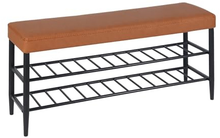 Relaxdays shoe bench, padded faux leather seat, 2 shelves for 8 pairs, H x W x D 50x100x30 cm, brown