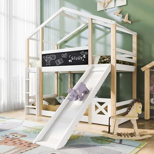 SACOOL Kinderbett Hochbett Baumhaus mit Rutsche & Leiter 90 x 200 cm – 2X Lattenrost, Natur & Weiß